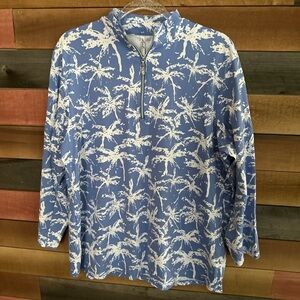 Lulu B Light White V Neck Blue Palm Tree Blouse